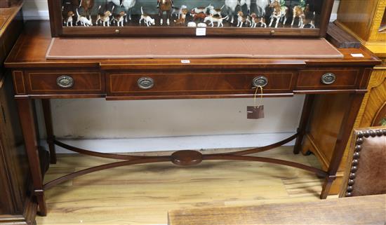 A George III style mahogany and satinwood banded breakfront serving table W.152cm